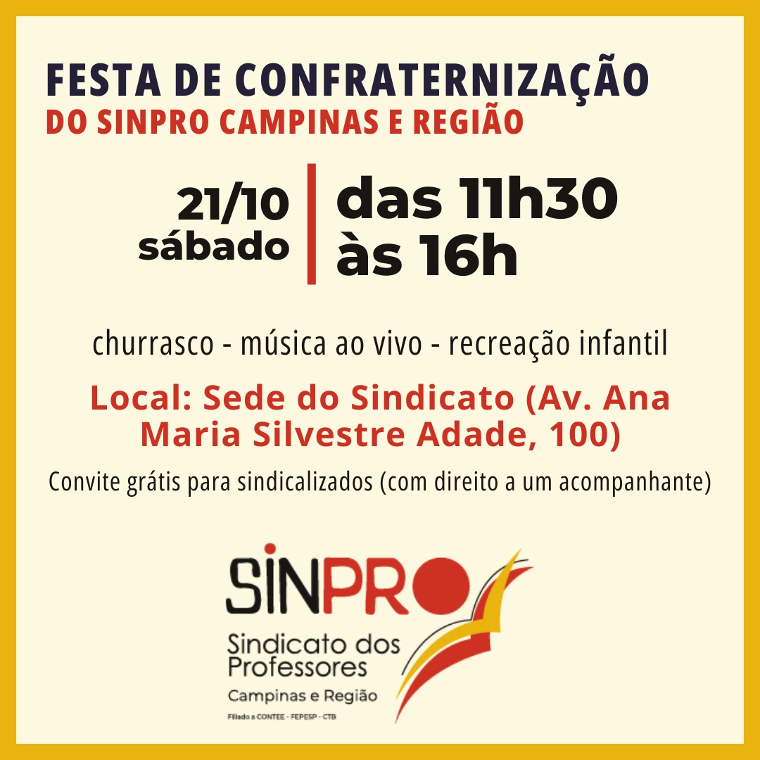 Festa de Confraternização do Sinpro Campinas acontece no dia 21/10
