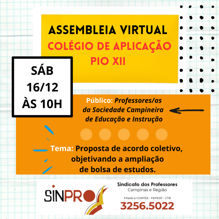 Assembleia para professores do Pio XII discute acordo coletivo neste sábado (16)