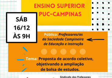 Assembleia para professores da PUC-Campinas discute acordo coletivo neste sábado (16)