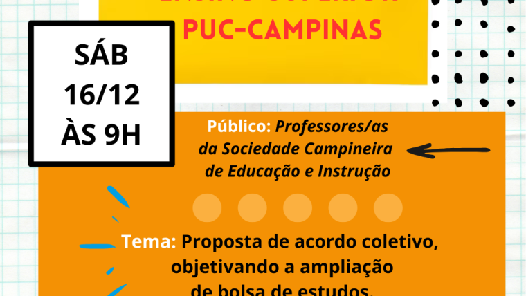 Assembleia para professores da PUC-Campinas discute acordo coletivo neste sábado (16)