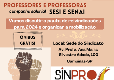 Assembleia para professores do Sesi e Senai acontecerá em 1º de fevereiro na sede do Sinpro Campinas e Região