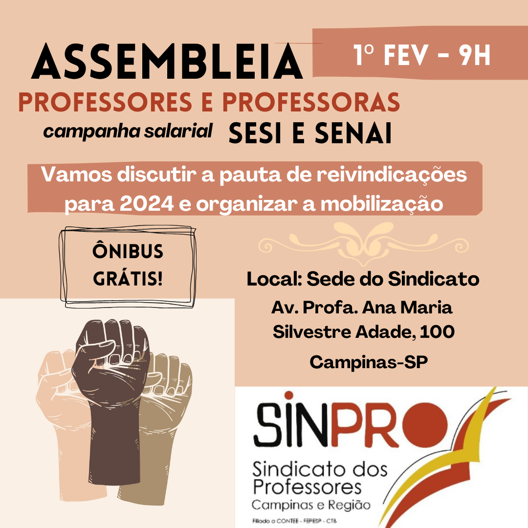 Assembleia para professores do Sesi e Senai acontecerá em 1º de fevereiro na sede do Sinpro Campinas e Região