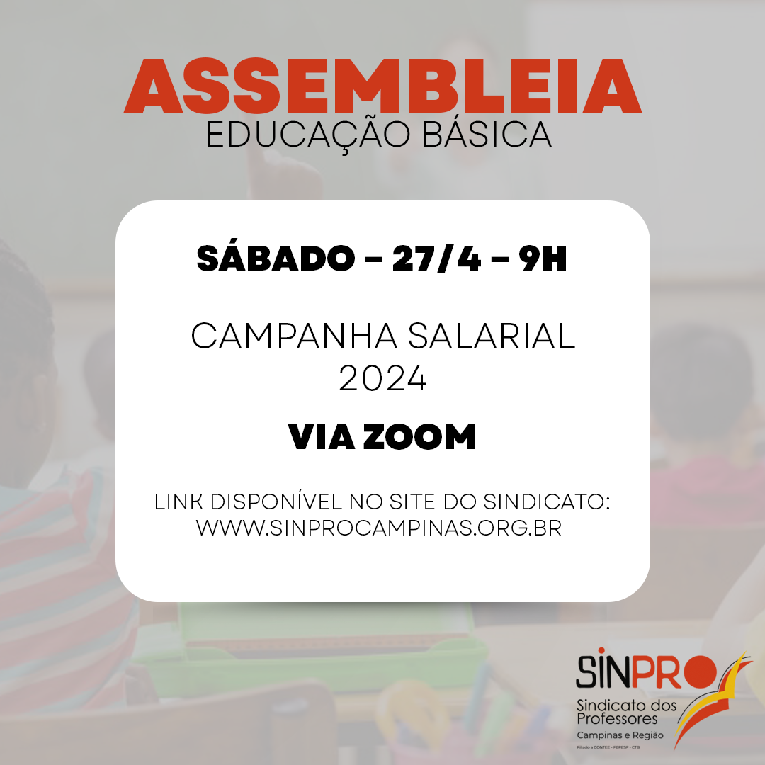 Sinpro Campinas e Região convoca professores da Educação Básica para assembleia no sábado (27)