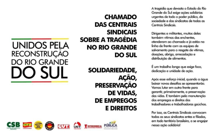 Centrais sindicais publicam nota conjunta em solidariedade ao povo gaúcho