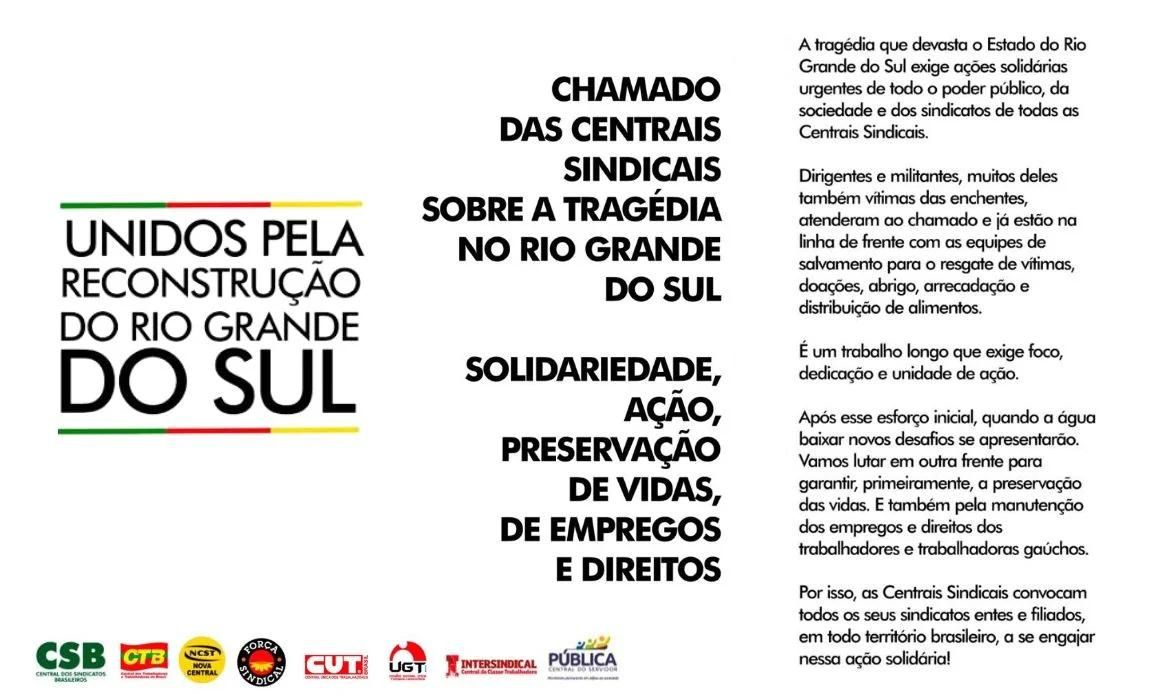 Centrais sindicais publicam nota conjunta em solidariedade ao povo gaúcho
