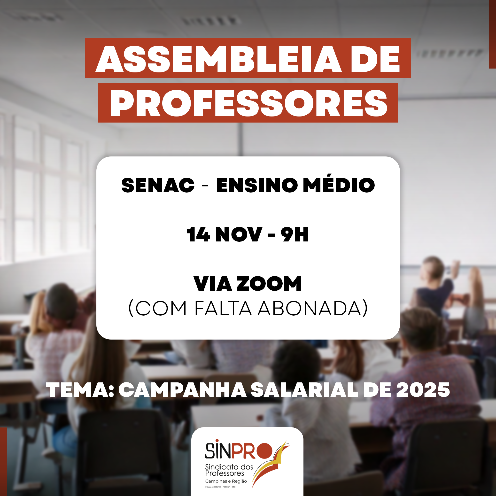 Ensino Médio do SENAC: Assembleia com professores acontece nesta quinta (14)